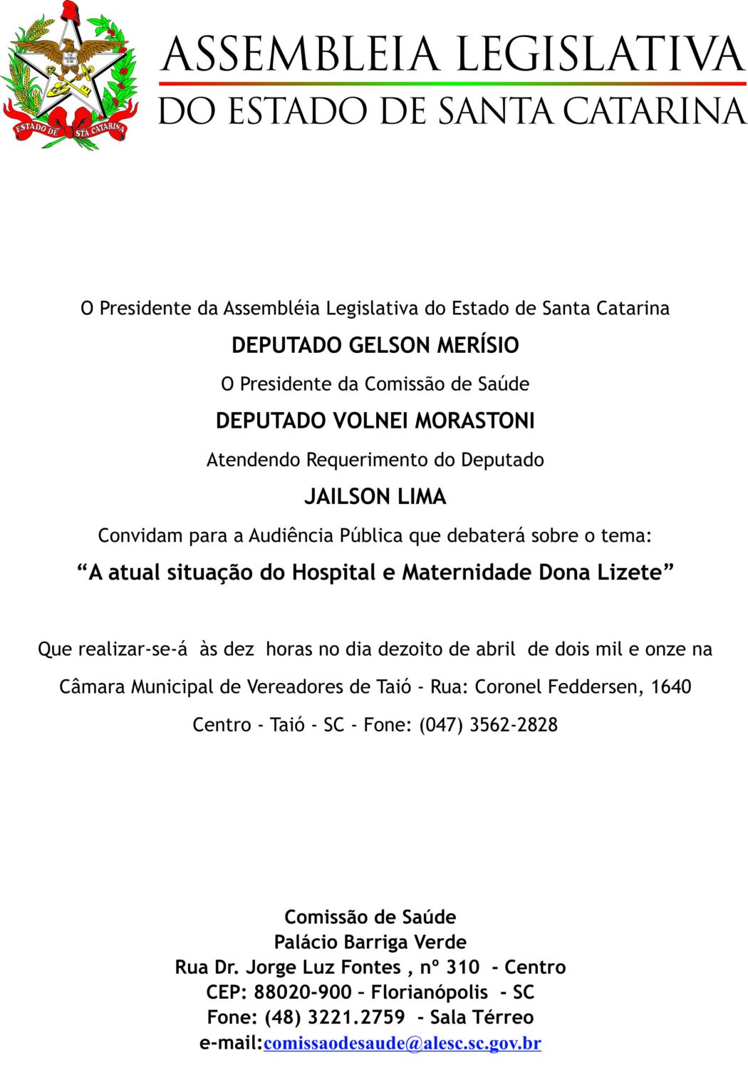 Convite para Audiência Pública em Taió