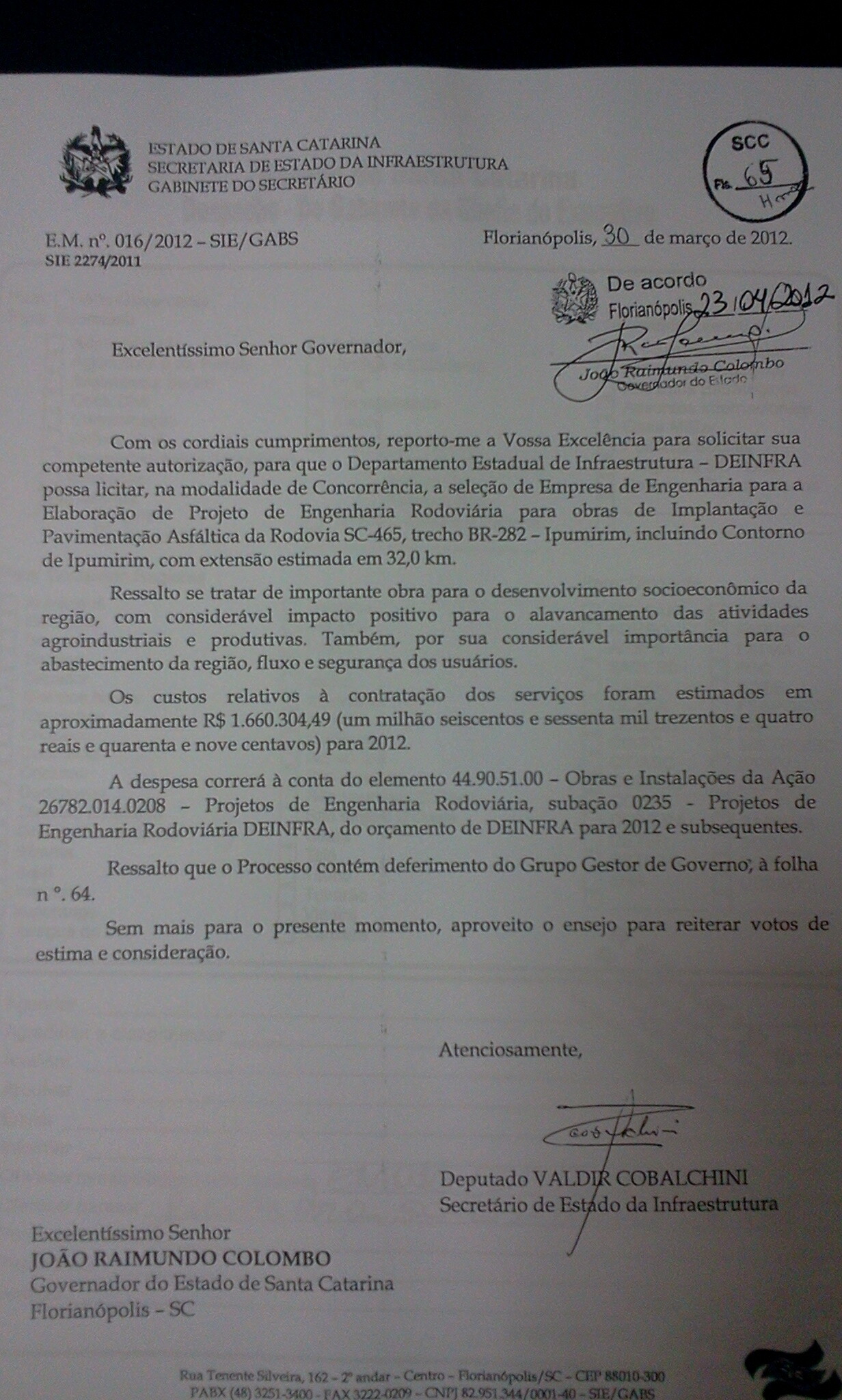Deputado Marcos Vieira comemora autorização para asfaltar a SC-465