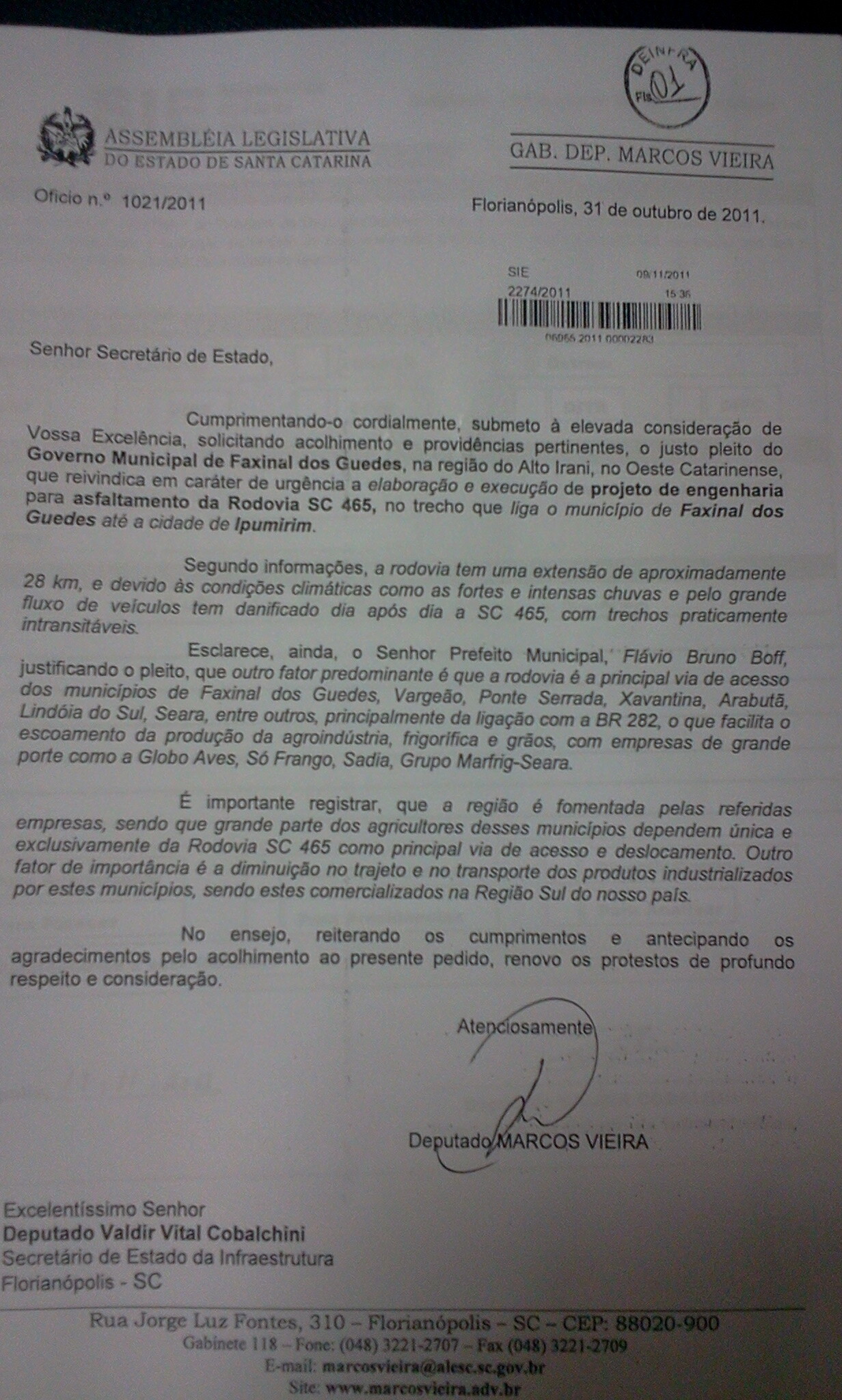 Deputado Marcos Vieira comemora autorização para asfaltar a SC-465