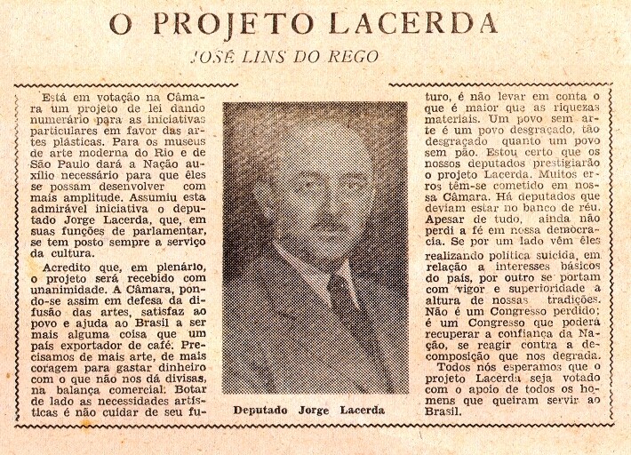 Reprodução de artigo de José Lins do Rêgo em defesa do projeto de Jorge Lacerda que viabilizava a criação do MAM. FOTO: Arquivo da Família
