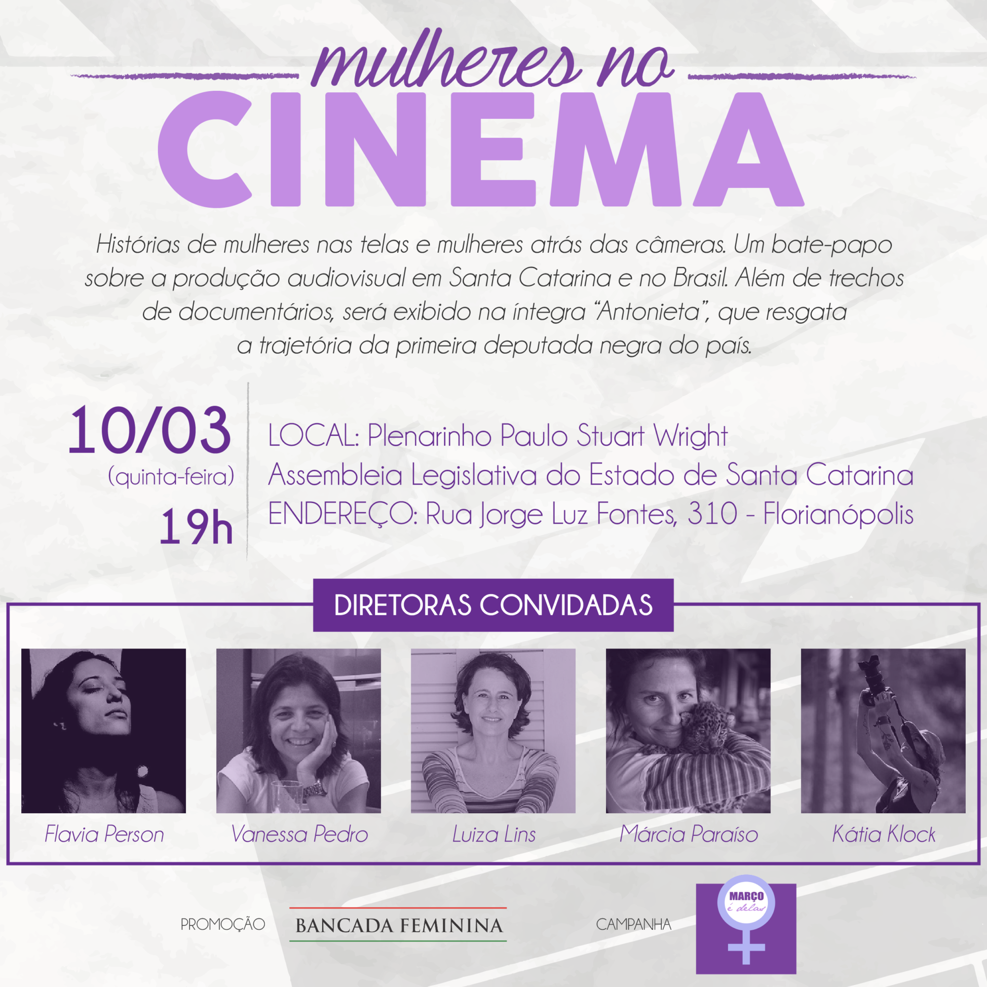 Acontece nesta quinta (10), na Alesc, o debate Mulheres no cinema