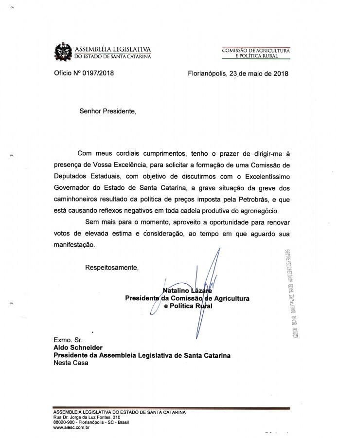 Ofício do deputado solicitando a criação da comissão de deputados para tratar da crise dos combustíveis