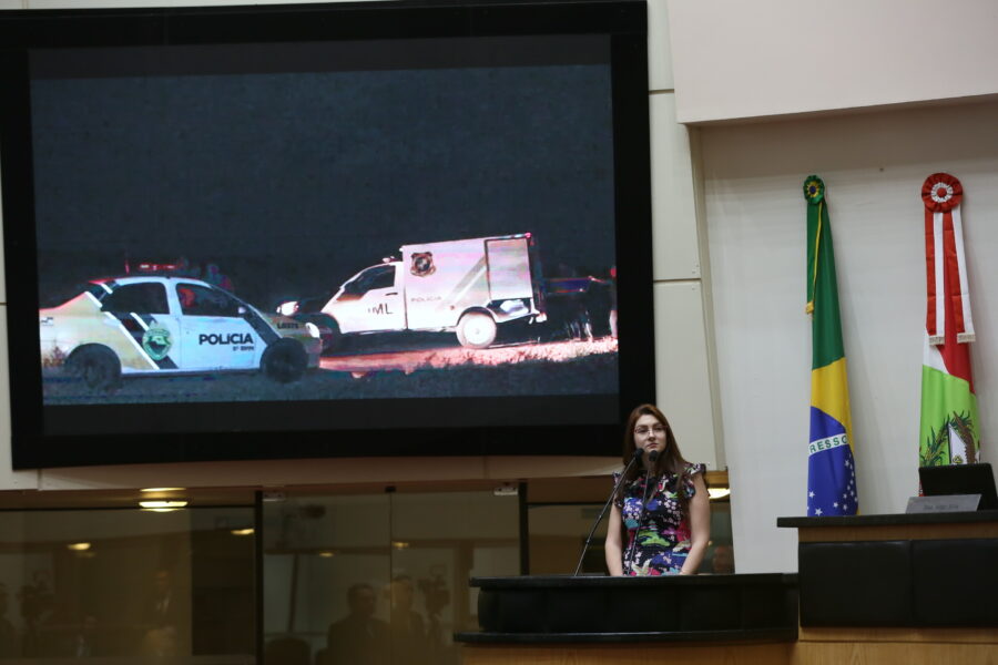 Deputada Ana Campagnolo utiliza frequentemente o telão do plenário da Alesc para apresentar seus assuntos