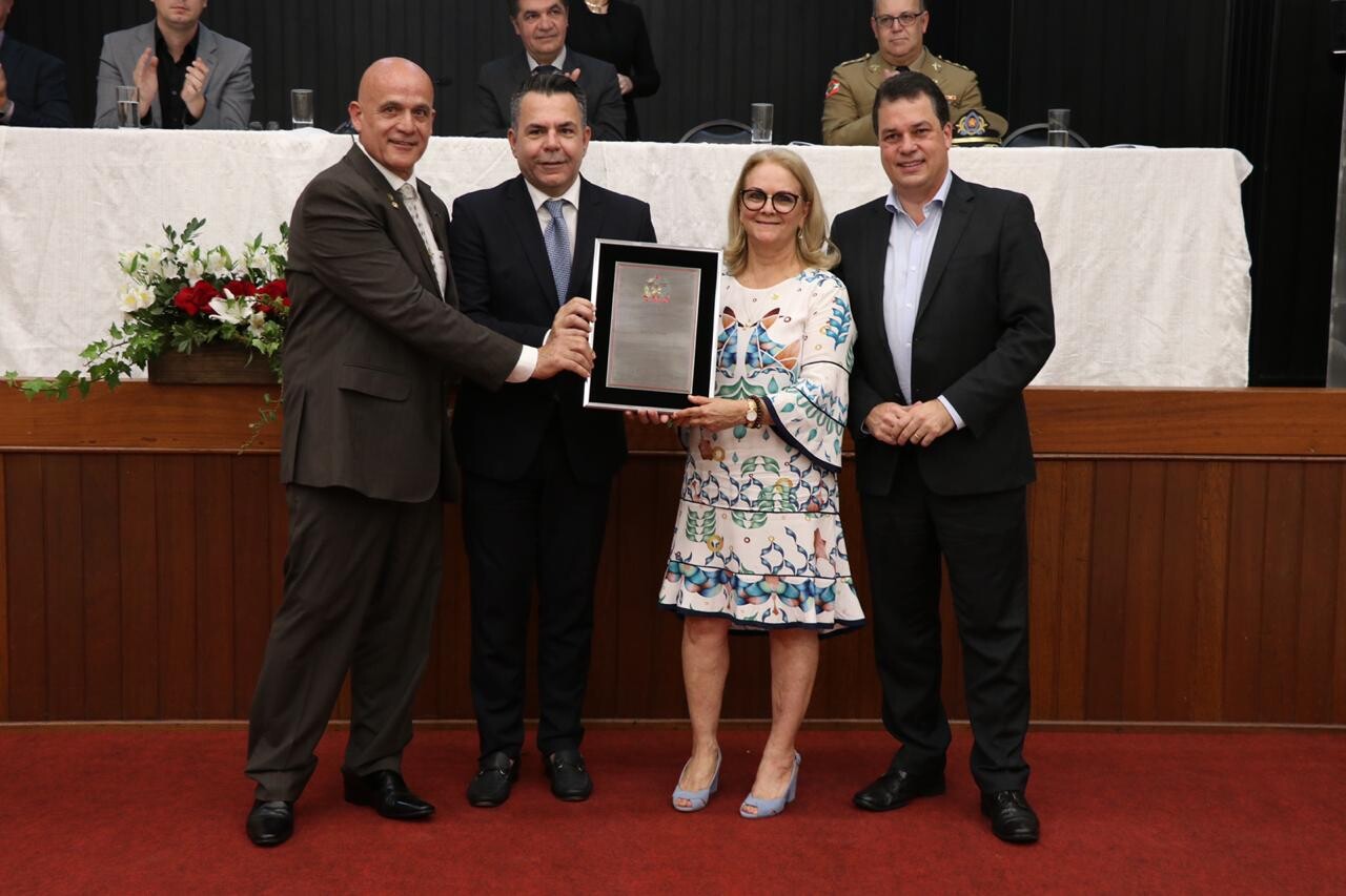 Deputados Luiz Fernando Vampiro e Rodrigo Minotto entregam placas aos homenageados