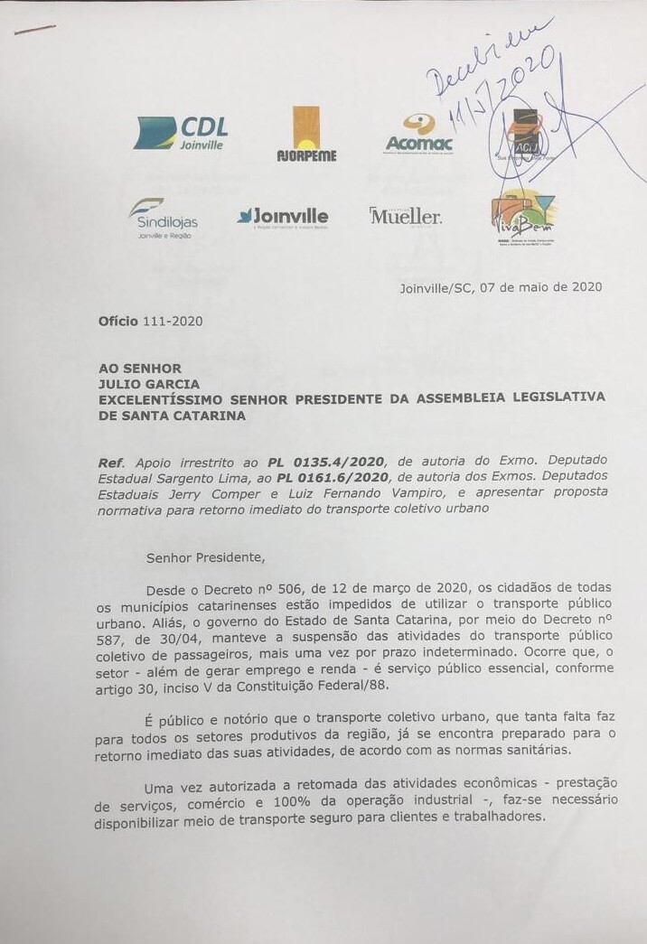 Ofício entregue pelos empresários de Joinville ao presidente da Alesc. FOTO: Divulgação