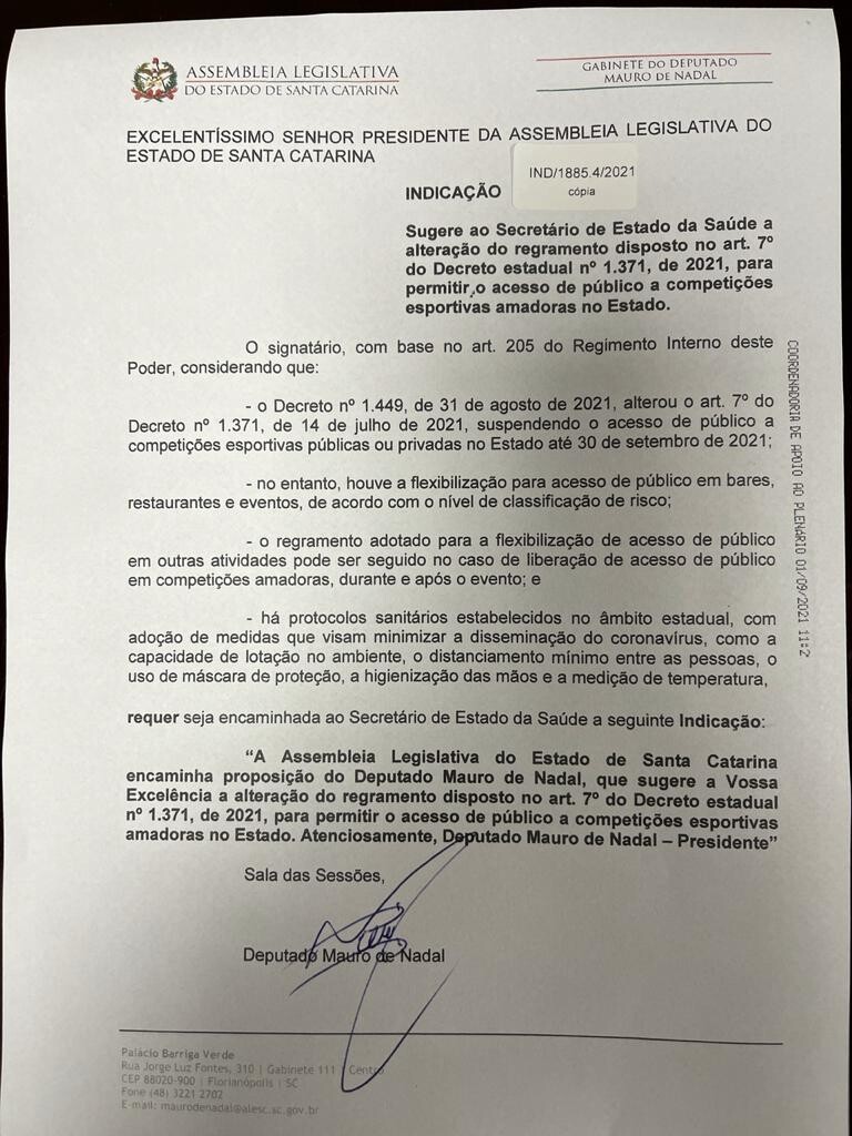 Mauro De Nadal pede alteração nas regras para o esporte amador em SC