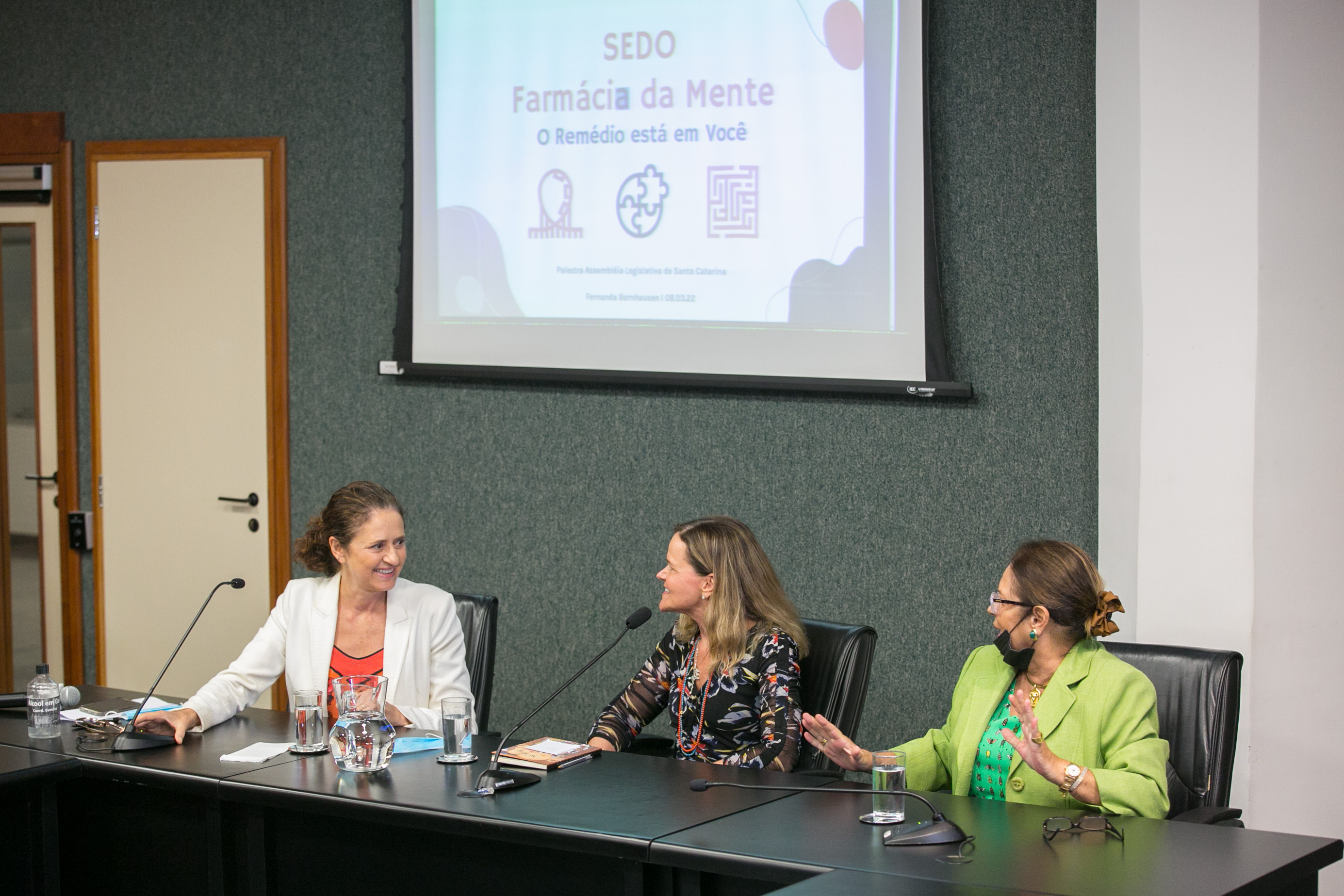 Deputada Marlene Fengler (PSD), Palestrante Fernanda Bornhausen e Deputada Ada De Luca (MDB)