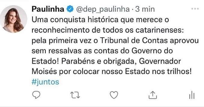 Postagem de Paulinha nas redes sociais destacando a aprovação das contas do governo. FOTO: Divulgação