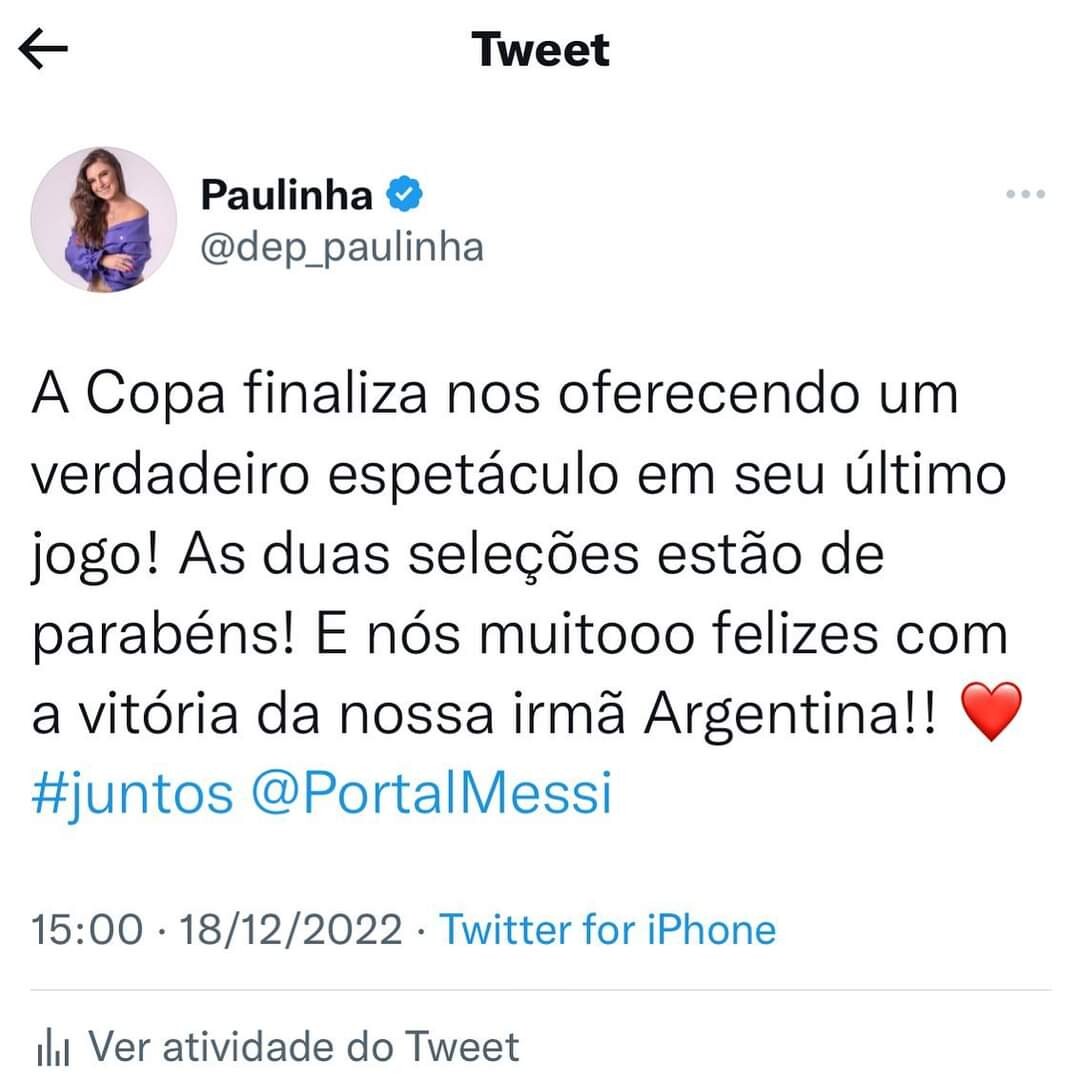 Paulinha parabeniza seleção argentina pela conquista da Copa do Mundo