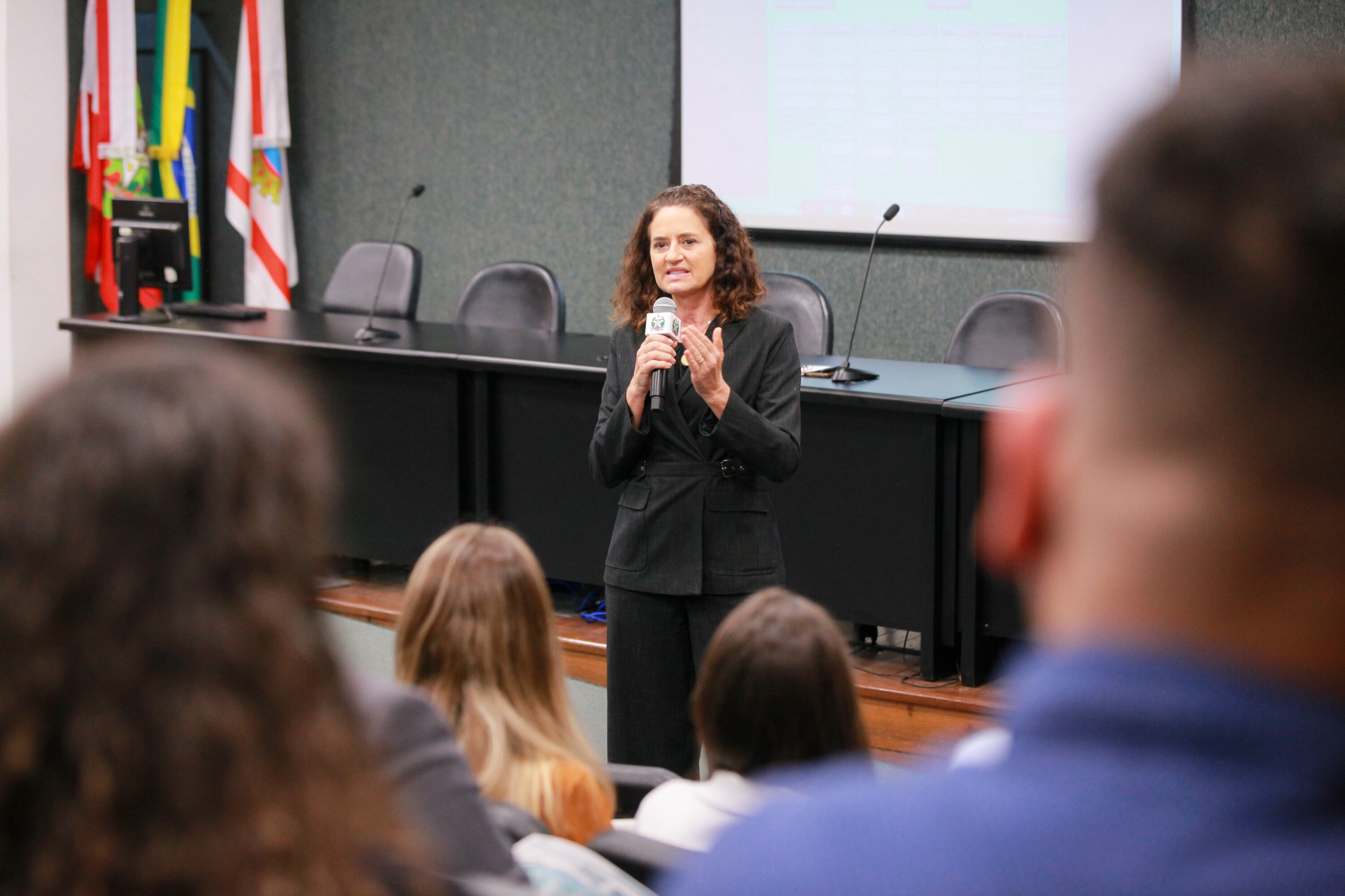 Coordenadora da Escola do Legislativo, Marlene Fengler, em palestra aos estudantes.