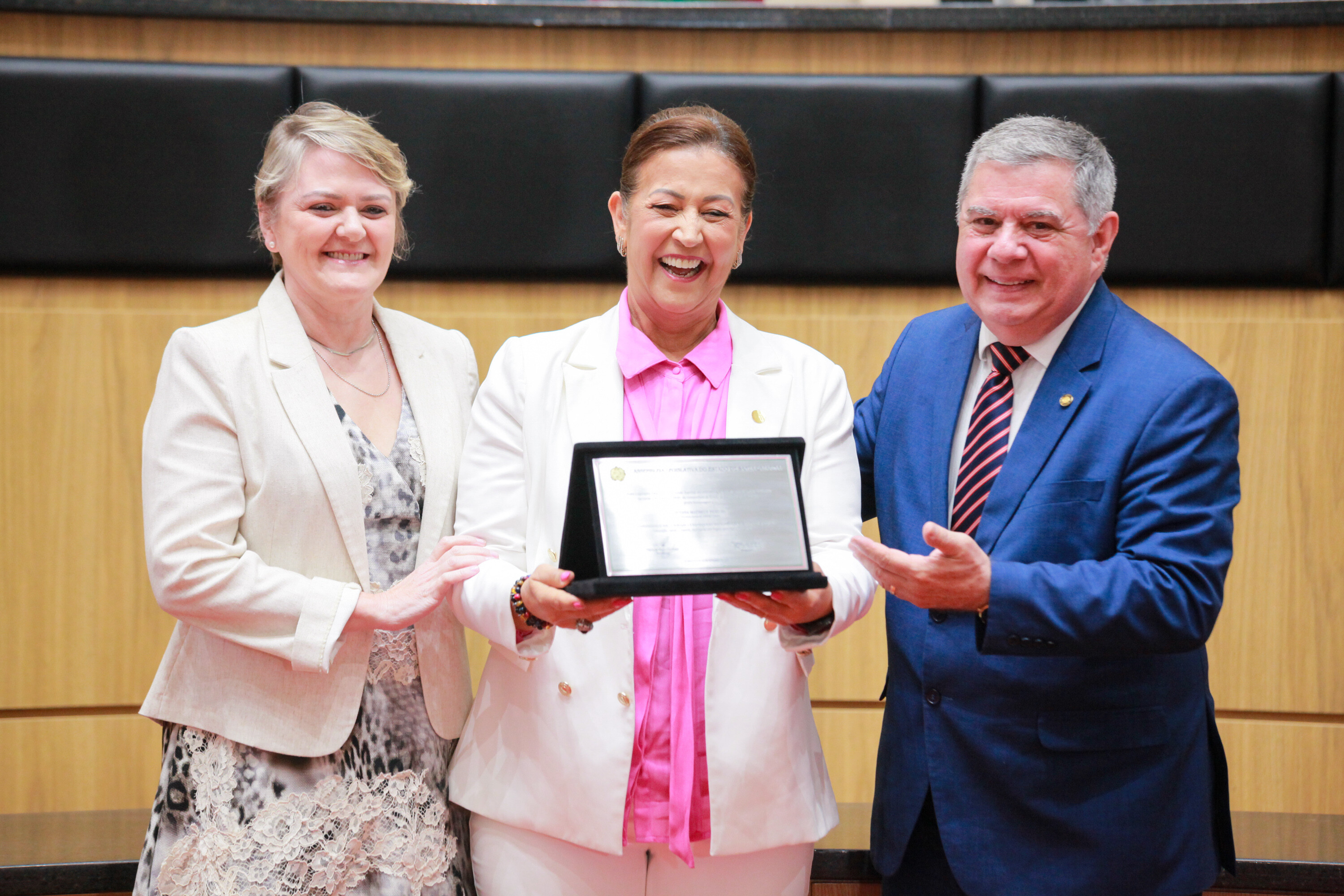 Deputados Luciane Carminatti e Mário Motta entregam placa em homenagem à  diretora-geral do Cefid, Suzana Matheus Pereira.