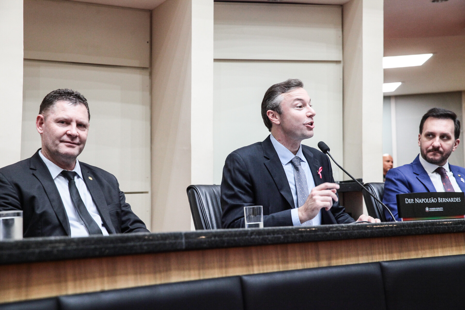 Deputados Napoleão Bernardes (C), proponente da homenagem; dep. Massocco (esq.) e dep. Pepê Collaço (dir.)