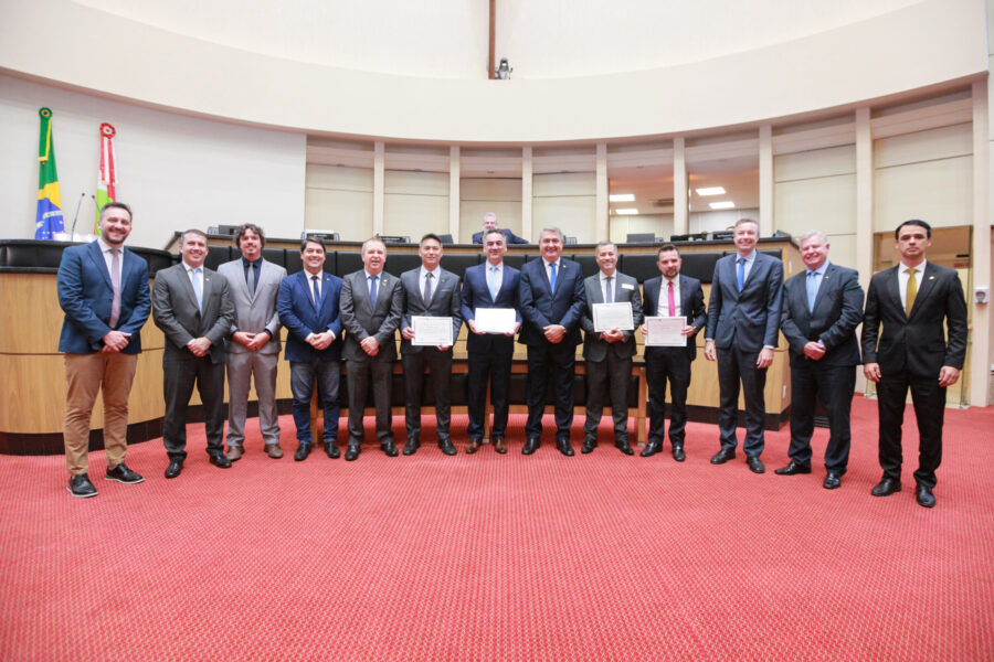 Deputados e homenageados no plenário da Alesc.