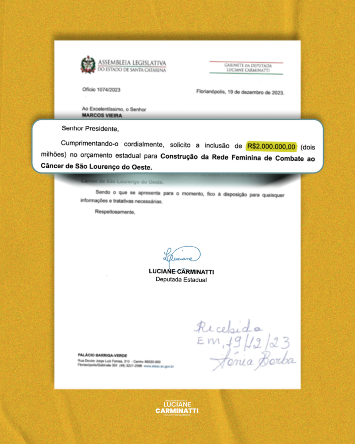 Luciane destina R$ 2 mi para construção da sede da Rede Feminina em São Lourenço do Oeste