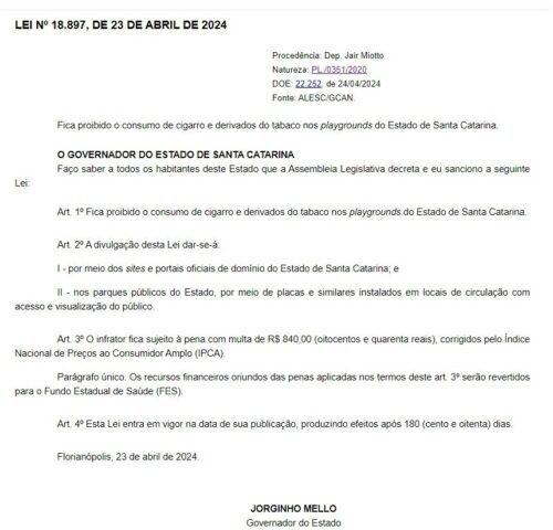 Lei de Miotto proíbe consumo de cigarro e derivados do tabaco em playgrounds de SC