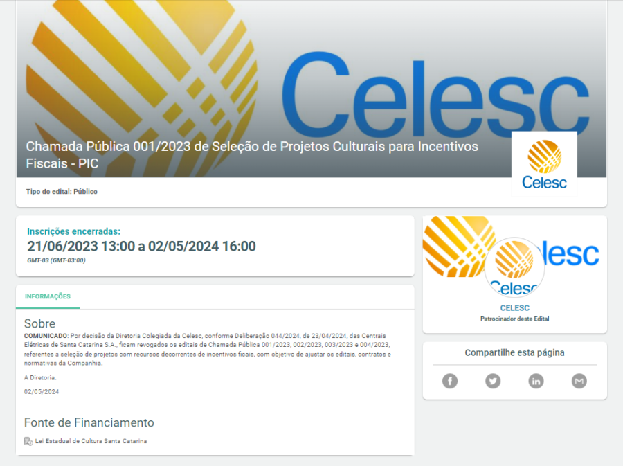 Celesc revoga editais e põe em risco projetos culturais, esportivos, de assistência social e saúde