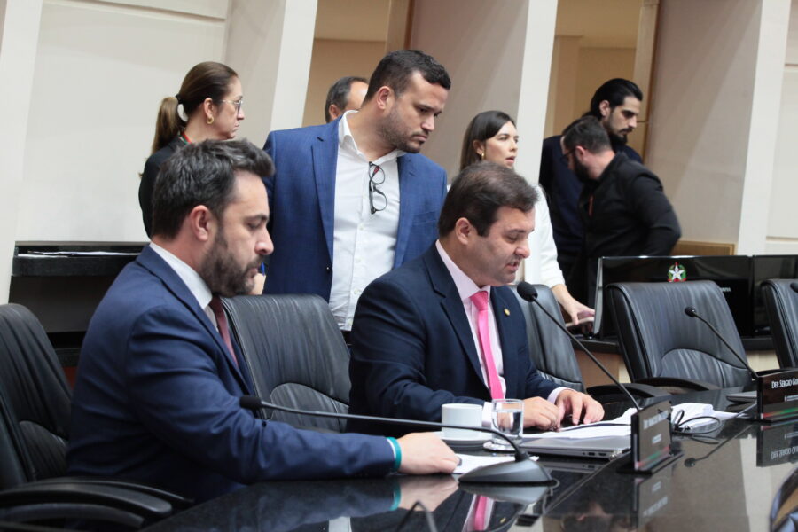 Deputados Marcius Machado e Sérgio Guimarães, na reunião da Comissão de Defesa Civil da Alesc