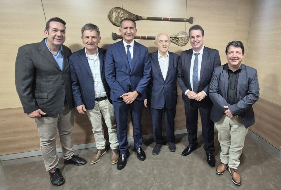 Deputado Rodrigo Minotto, ministro Waldez Góes e lideranças do sul do Estado