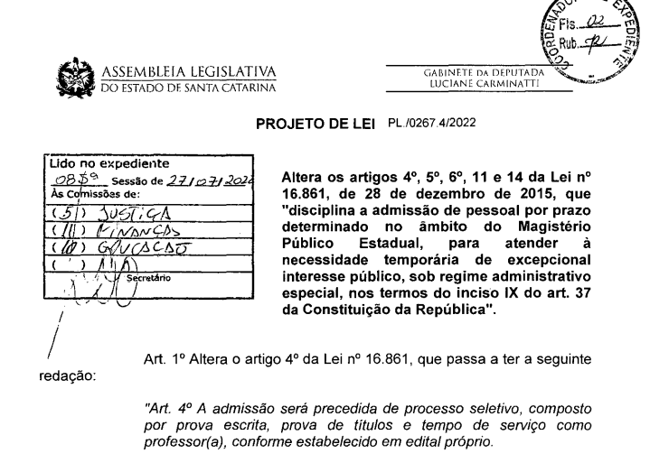 Avança na Alesc projeto de Luciane para professores ACTs da rede estadual