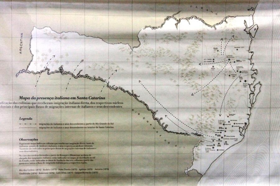 Mapa da presença italiana em Santa Catarina; estado é considerado um dos com maior presença de descendentes de italianos no Brasil