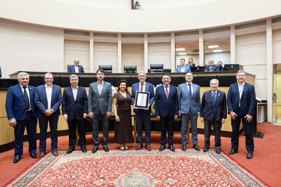 O presidente da Celesc, Tarcisio Rosa, recebeu uma placa comemorativa em nome da empresa.