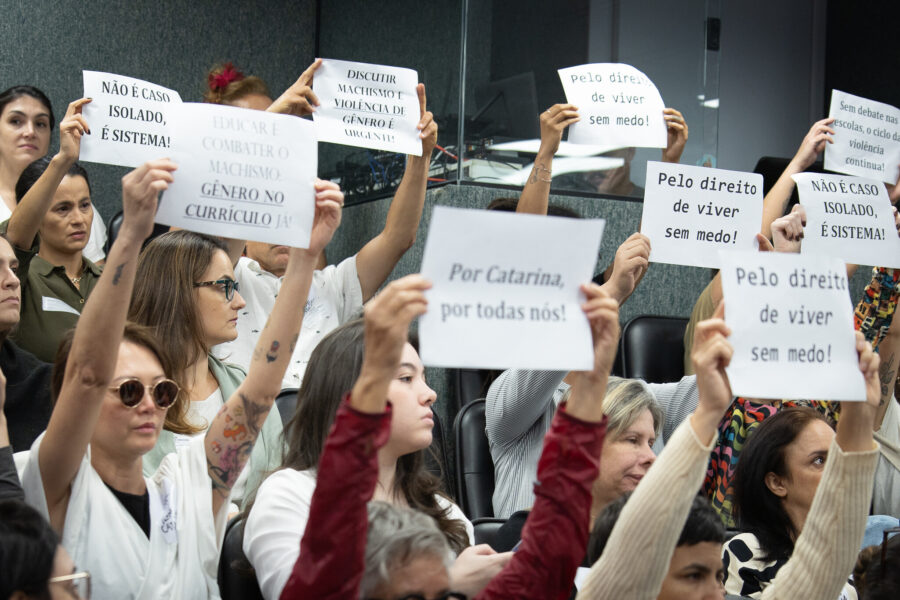 Público se manifesta durante audiência da Alesc, na tarde desta quinta-feira (27); encontro foi motivado pelo assassinato de Catarina Kasten, no dia 2