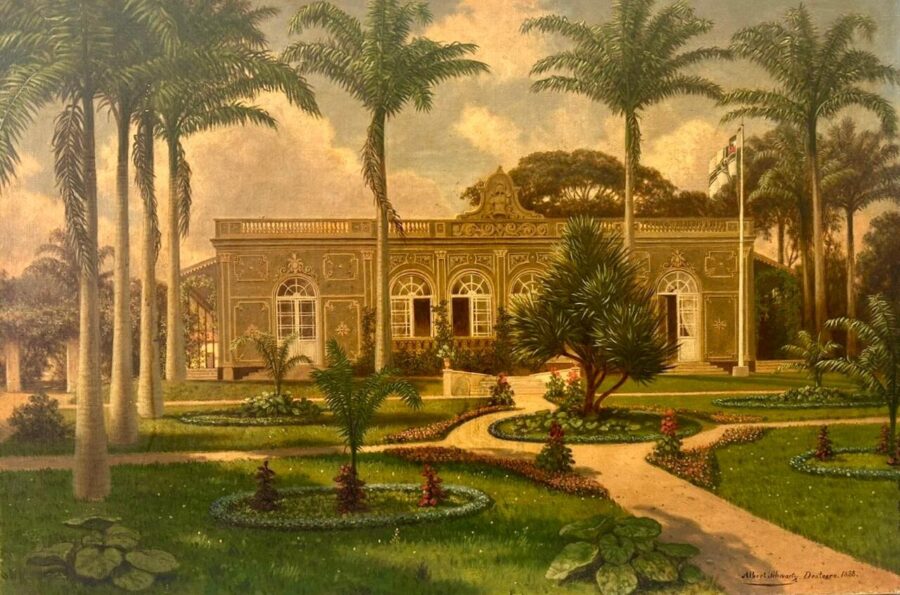Quadro: Residência de Carl Hoepcke em Desterro, atual Rua Bocaiuva. Obra de Albert Schwartz, 1888. Óleo sobre tela. Dimensões: 58,5cm x 86,5cm.