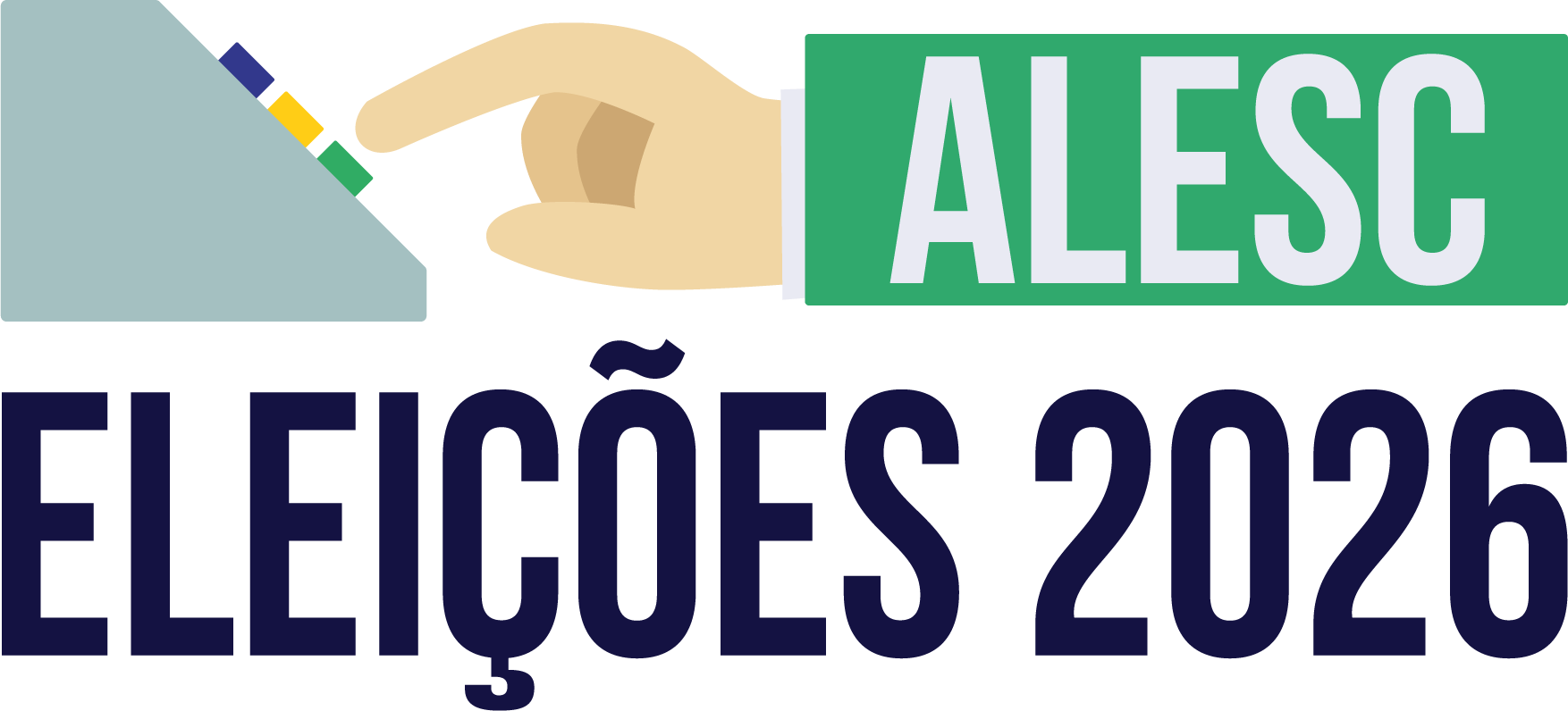 Logotipo e selo gráfico com a sigla ALESC em azul-escuro sobre fundo claro, acompanhado abaixo por uma ilustração de mão votando na urna eletrônica e uma tarja verde com o texto "ELEIÇÕES 2026".