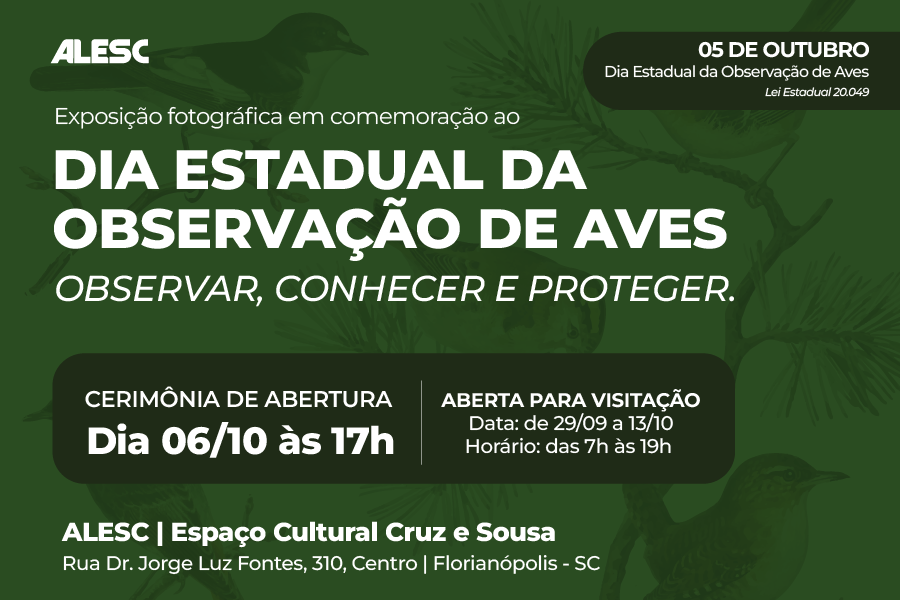 Entre cores e cantos, exposição na Alesc revela a riqueza das aves de Santa Catarina